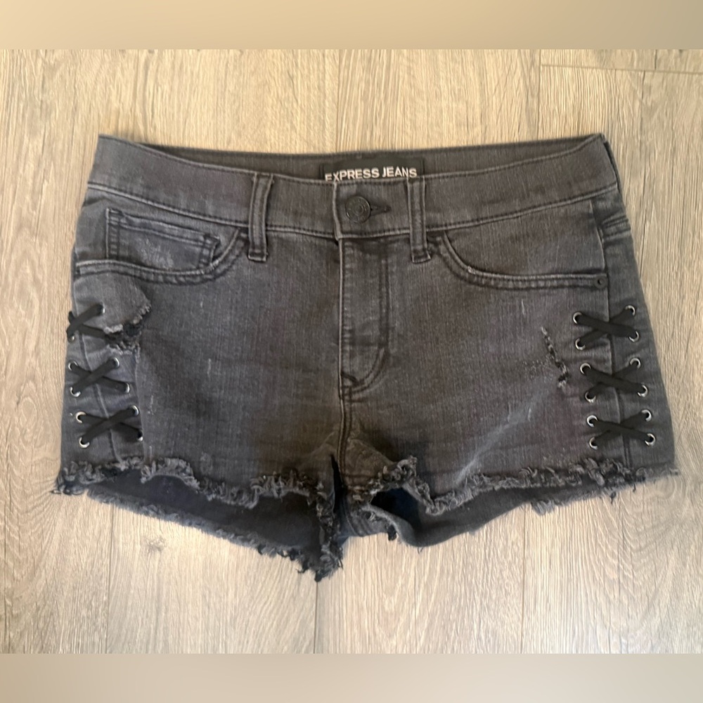 Express Charcoal Jean Shorts with Lace-Up Detail